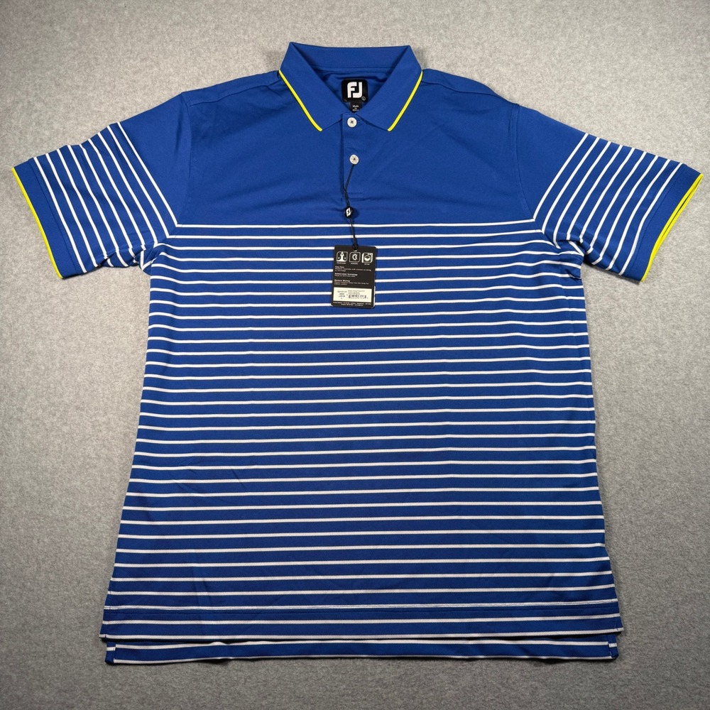 FootJoy Mens Breton Stripe Pique Knit Golf Polo Shirt Blue Key Lime 28058 Large